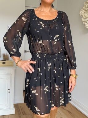 Club Monaco Black Floral 💯Silk Chiffon Mini Dress - Size 4 (Fits S/M)